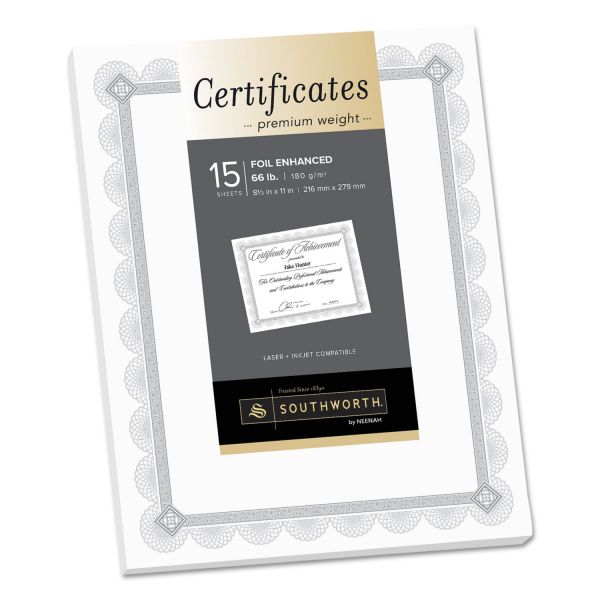SOUCTP2W Southworth Premium Certificates, White, Spiro Silver Foil Border, 66 lb, 8,5 x 11, 15/Pack