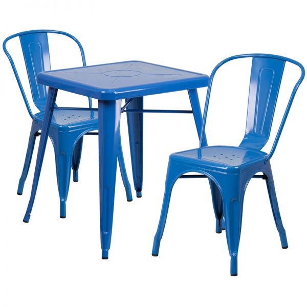 FHFCH31330230BLGG Flash Furniture 23.75'' Square Blue Metal Indoor-Outdoor Table Set with 2 Stack Chairs
