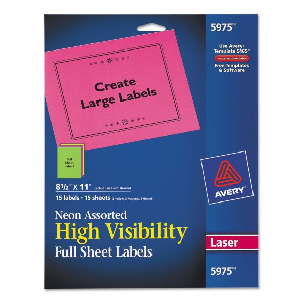 AVE5975 Avery High-Visibility Permanent ID Labels, Laser, 8 1/2 x 11, Asst. Neon, 15/Pack