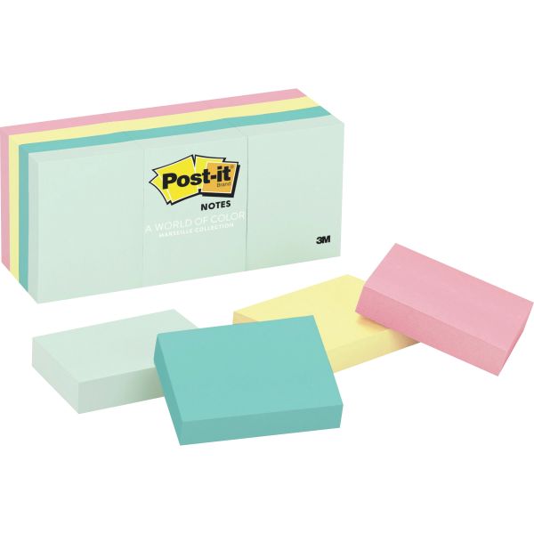 MMM653AST Post-it Notes Original Pads in Marseille Colors, 1 1/2 x 2, 100-Sheet, 12/Pack