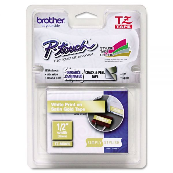 BRTTZEMQ835 Brother P-Touch TZ Standard Adhesive Laminated Labeling Tape, 1/2" x 16-2/5 ft, White/Satin Gold