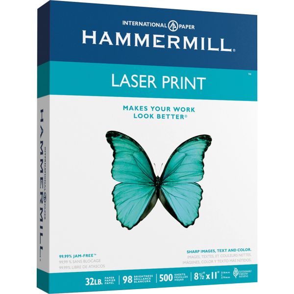 HAM104646 Hammermill Laser Print Office Paper, 98 Brightness, 32lb, 8-1/2 x 11, White, 500 Sheets/RM