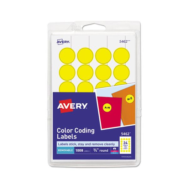 AVE05462 Avery Printable Removable Color-Coding Labels, 3/4" dia, Yellow, 1008/Pack
