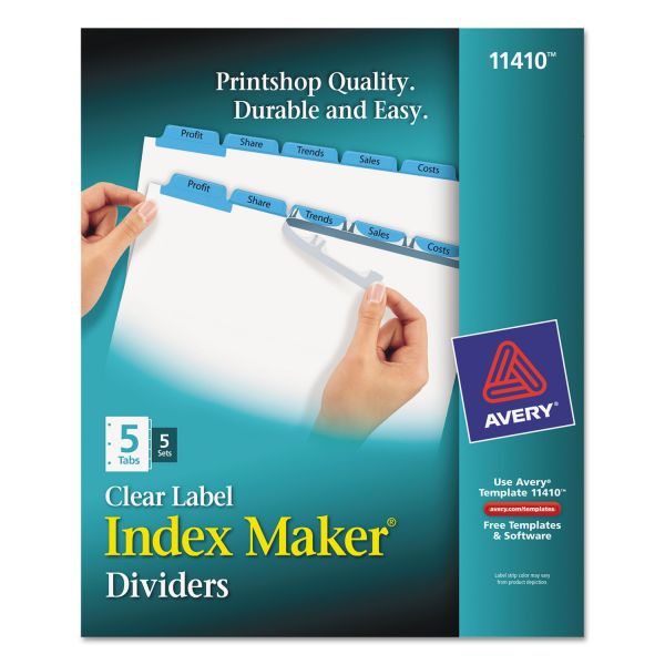 AVE11410 Avery Print & Apply Clear Label Dividers, 5-Tab, Multi-color Tab, Letter, 5 Sets
