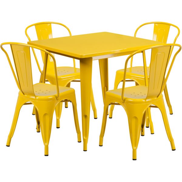 FHFETCT002430YLGG Flash Furniture 31.5'' Square Yellow Metal Indoor-Outdoor Table Set with 4 Stack Chairs