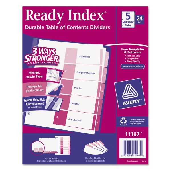 AVE11167 Avery Ready Index Customizable Table of Contents Asst Dividers, 5-Tab, Ltr, 24 Sets