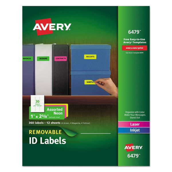 AVE6479 Avery High-Visibility Removable ID Labels, Laser/Inkjet, 1 x 2 5/8, Asst. Neon, 360/PK