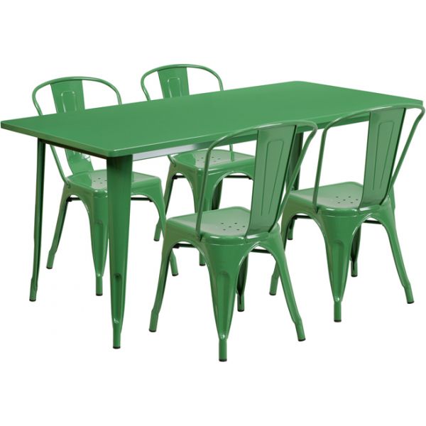 FHFETCT005430GNGG Flash Furniture 31.5'' x 63'' Rectangular Green Metal Indoor-Outdoor Table Set with 4 Stack Chairs