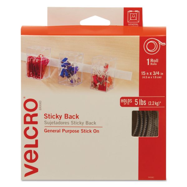 VEK90082 Velcro Sticky-Back Hook & Loop Fastener Tape with Dispenser, 3/4" x 15ft Roll, White