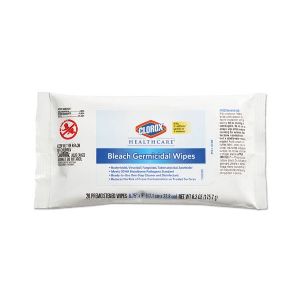 CLO31469CT Clorox Healthcare Bleach Germicidal Wipes, 6 3/4 x 9, Unscented, 20/Pack, 24 Packs/Carton
