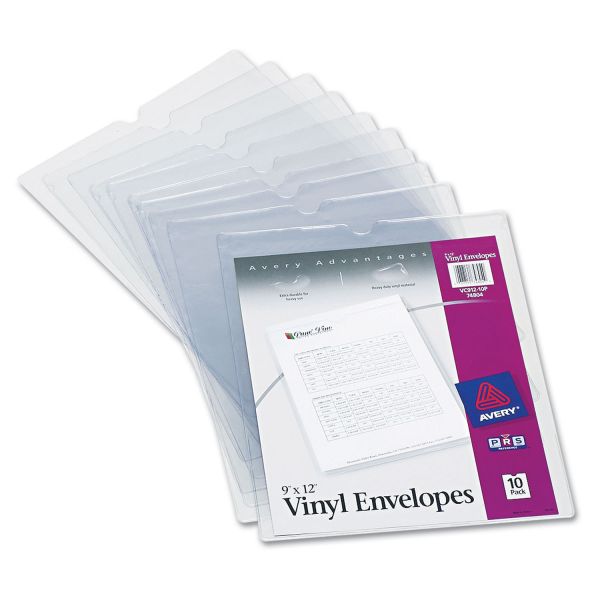 AVE74804 Avery Top-Load Clear Vinyl Envelopes w/Thumb Notch, 9” x 12”, Clear, 10/Pack