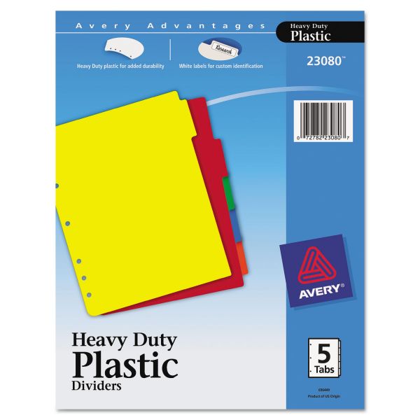 AVE23080 Avery Write-On Heavy-Duty Plastic Tab Dividers w/White Labels, 5-Tab, Multi-color Tab, Letter, 1 Set