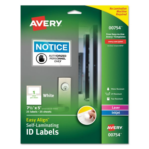 AVE00754 Avery Easy Align Self-Laminating ID Labels, Laser/Inkjet, 5 x 7 1/2, White, 25/PK