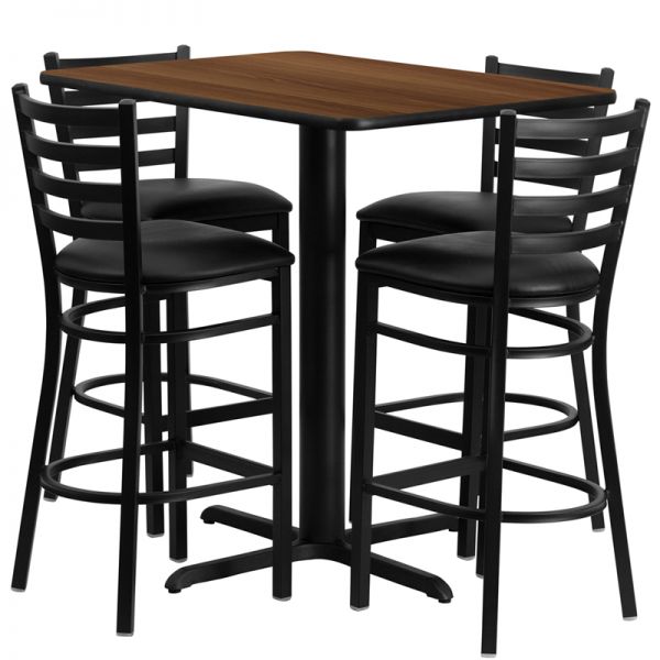 FHFHDBF1020GG Flash Furniture 24''W x 42''L Rectangular Walnut Laminate Table Set with 4 Ladder Back Metal Barstools - Black Vinyl Seat