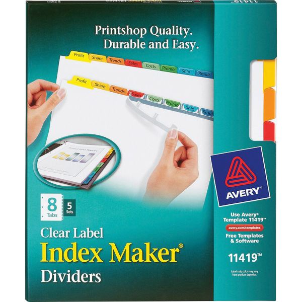 AVE11419 Avery Print & Apply Clear Label Dividers, 8-Tab, Multi-color Tab, Letter, 5 Sets