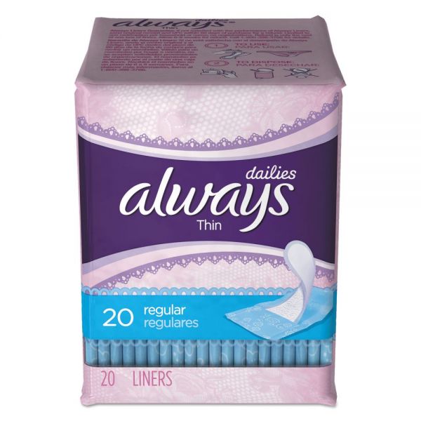 PGC08279 Always Dailies Thin Liners, Regular, 20/Pack, 24 Pack/Carton