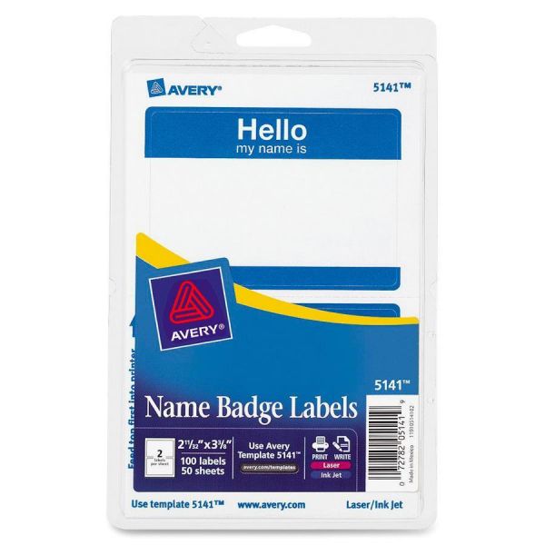 AVE5141 Avery Printable Self-Adhesive Name Badges, 2 1/3 x 3 3/8, Blue "Hello", 100/Pack