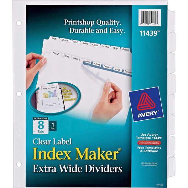 AVE11439 Avery Print & Apply Clear Label Dividers, 8-Tab, White Tab, Letter, 1 Set
