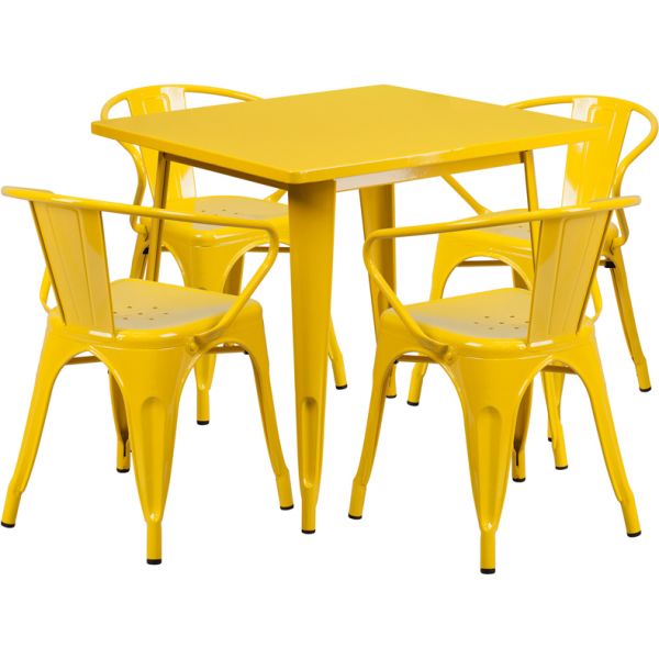 FHFETCT002470YLGG Flash Furniture 31.5'' Square Yellow Metal Indoor-Outdoor Table Set with 4 Arm Chairs