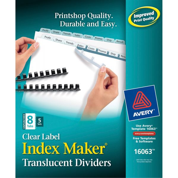 AVE16063 Avery Print & Apply Clear Label Unpunched Dividers, 8-Tab, White Tab, Letter, 5 Sets
