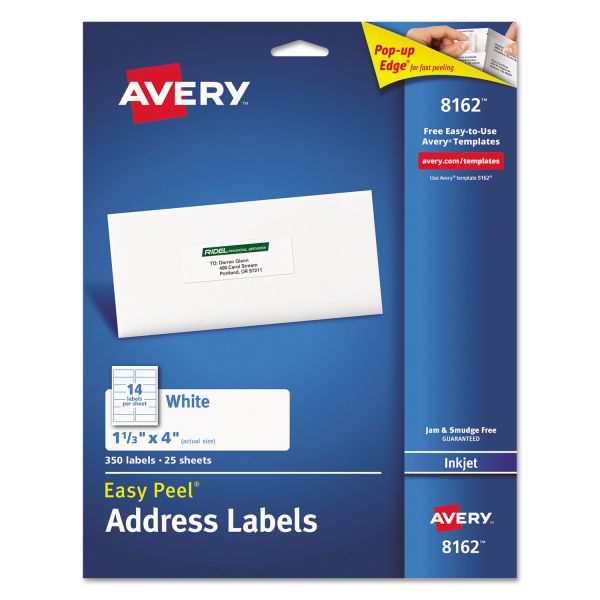 AVE8162 Avery Easy Peel Mailing Address Labels, Inkjet, 1 1/3 x 4, White, 350/Pack