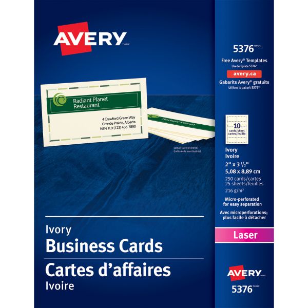 AVE5376 Avery Printable Microperf Business Cards, Laser, 2 x 3 1/2, Ivory, Uncoated, 250/Pack