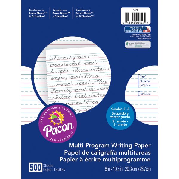 PAC2422 Pacon Multi-Program Handwriting Paper, 1/2" Short Rule, 10-1/2 x 8, White, 500 Shts/Pk