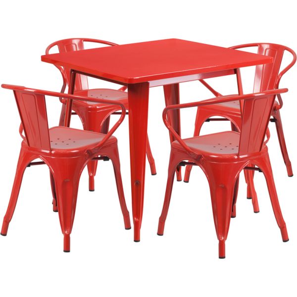 FHFETCT002470REDGG Flash Furniture 31.5'' Square Red Metal Indoor-Outdoor Table Set with 4 Arm Chairs