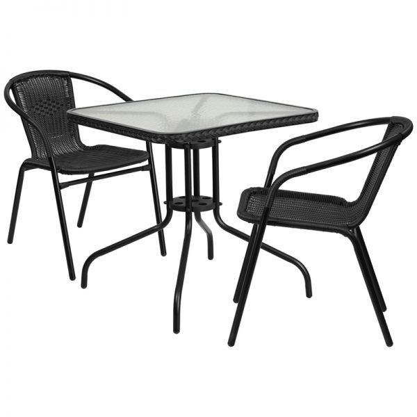 FHFTLH073SQ037BK2GG Flash Furniture 28'' Square Glass Metal Table with Black Rattan Edging and 2 Black Rattan Stack Chairs