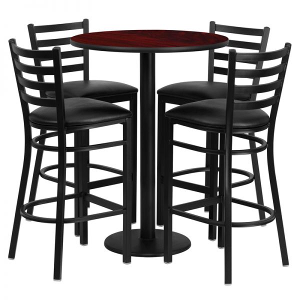 FHFRSRB1022GG Flash Furniture 30'' Round Mahogany Laminate Table Set with 4 Ladder Back Metal Barstools - Black Vinyl Seat