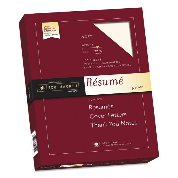 SOURD18ICF Southworth 100% Cotton Resume Paper, 32lb, 8 1/2 x 11, Ivory, Wove, 100 Sheets