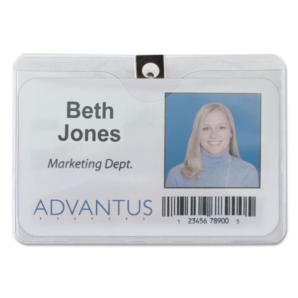 AVT75456 Advantus ID Badge Holder w/Clip, Horizontal, 4w x 3h, Clear, 50/Pack