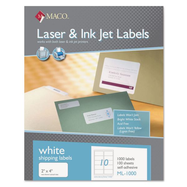 MACML1000 MACO White Laser/Inkjet Shipping & Address Labels, 2 x 4, 1000/Box