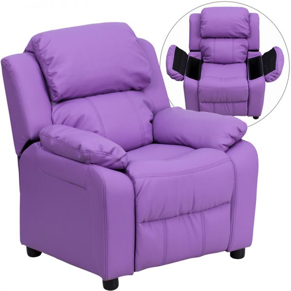 FHFBT7985KIDLAVGG Flash Furniture Deluxe Padded Contemporary Lavender Vinyl Kids Recliner with Storage Arms