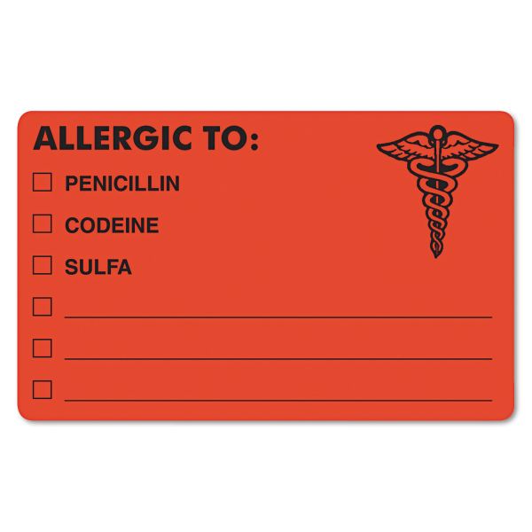 TAB00488 Tabbies Drug Allergy Medical Warning Labels, 2-1/2 x 4, Orange, 100/Roll