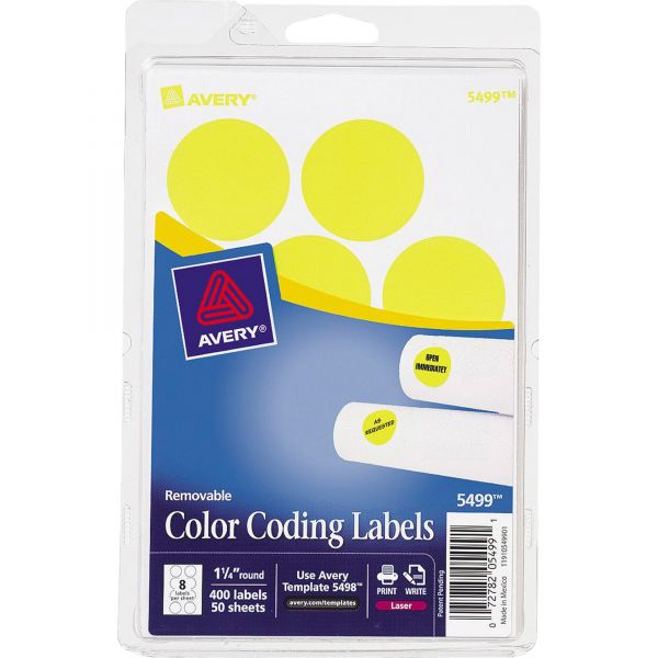 AVE05499 Avery Printable Removable Color-Coding Labels, 1 1/4" dia, Neon Yellow, 400/Pack