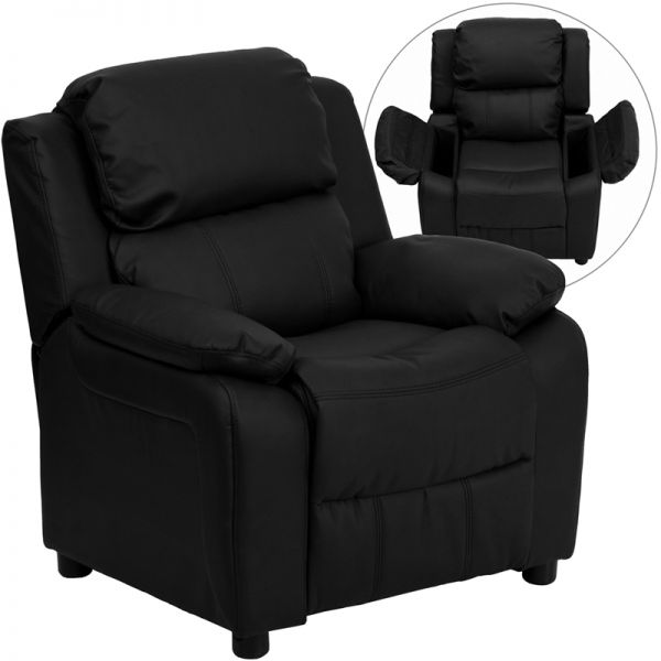 FHFBT7985KIDBKLEAGG Flash Furniture Deluxe Padded Contemporary Black Leather Kids Recliner with Storage Arms
