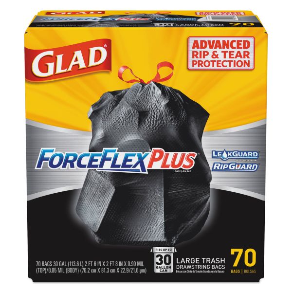 CLO70358 Glad ForceFlexPlus Drawstring Large Trash Bags, 30 gal, Black, 70/BX
