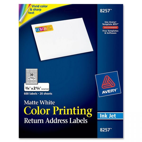 AVE8257 Avery Vibrant Color-Printing Address Labels, 3/4 x 2 1/4, Matte White, 600/Pack