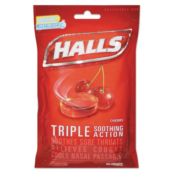 CDB27499 HALLS Triple Action Cough Drops, Cherry, 30/Bag, 12 Bags/Box