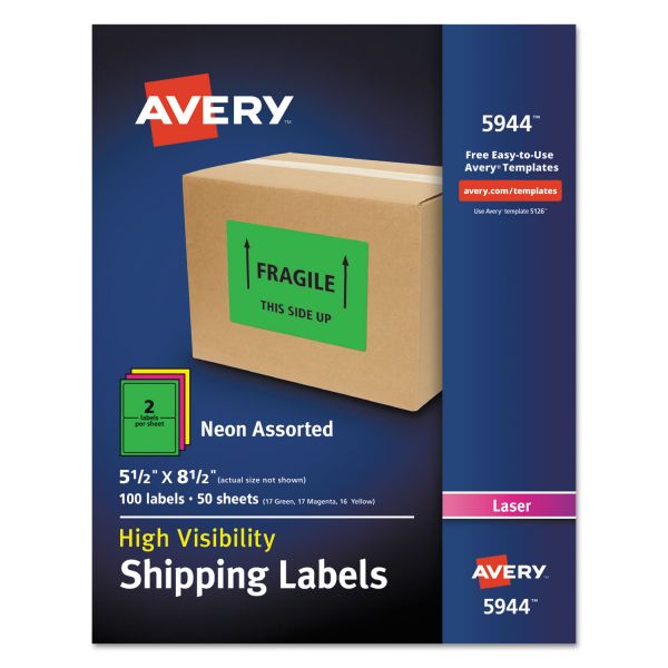 AVE5944 Avery Neon Shipping Label, Laser, 5 1/2 x 8 1/2, Neon Assorted, 100/Box