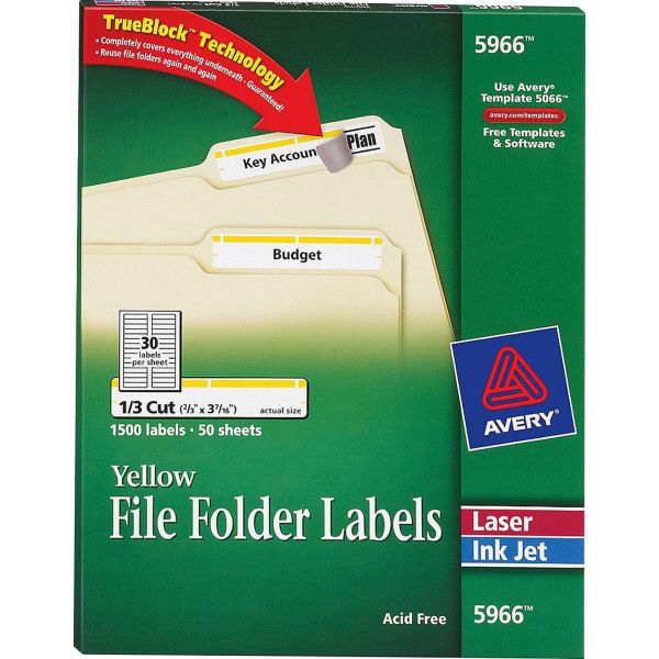AVE5966 Avery Permanent File Folder Labels, TrueBlock, Inkjet/Laser, Yellow Border, 1500/Box