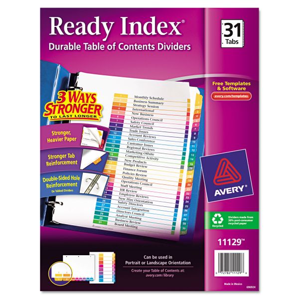 AVE11129 Avery Ready Index Customizable Table of Contents Multicolor Dividers, 31-Tab, Letter