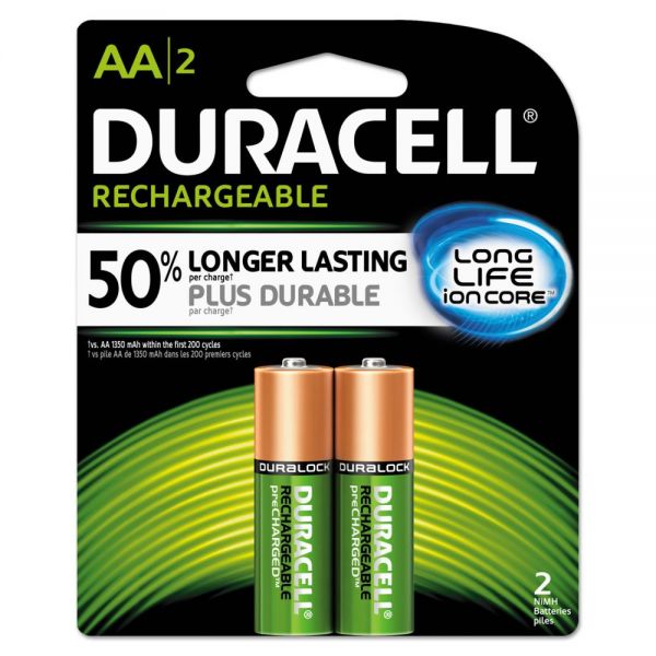 DURNLAA2BCD Duracell Rechargeable NiMH Batteries, AA, 2/PK