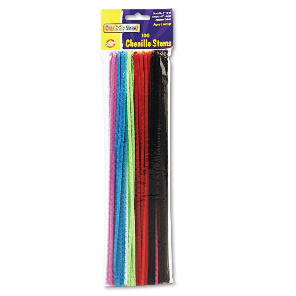 CKC711201 Chenille Kraft Regular Stems, 12" x 4mm, Metal Wire, Polyester, Assorted, 100/Pack