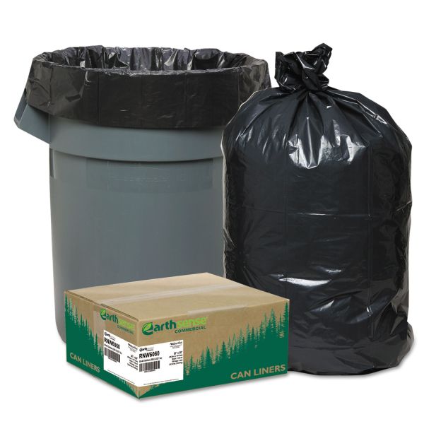 WBIRNW6060 Earthsense Commercial Recycled Can Liners, 55-60gal, 1.65mil, 38 x 58, Black, 100/Carton