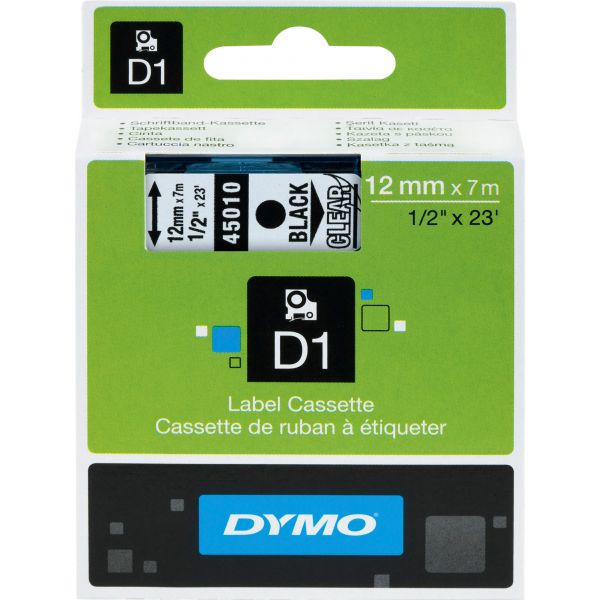 DYM45010 DYMO D1 High-Performance Polyester Removable Label Tape, 1/2" x 23 ft, Black on Clear