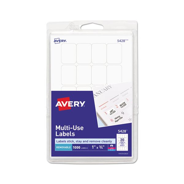 AVE05428 Avery Removable Multi-Use Labels, 1 x 3/4, White, 1000/Pack