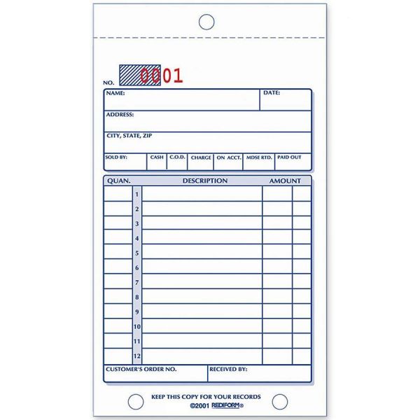 RED5L250 Rediform Sales Book, 3 5/8 x 6 3/8, Carbonless Triplicate, 50 Sets/Book