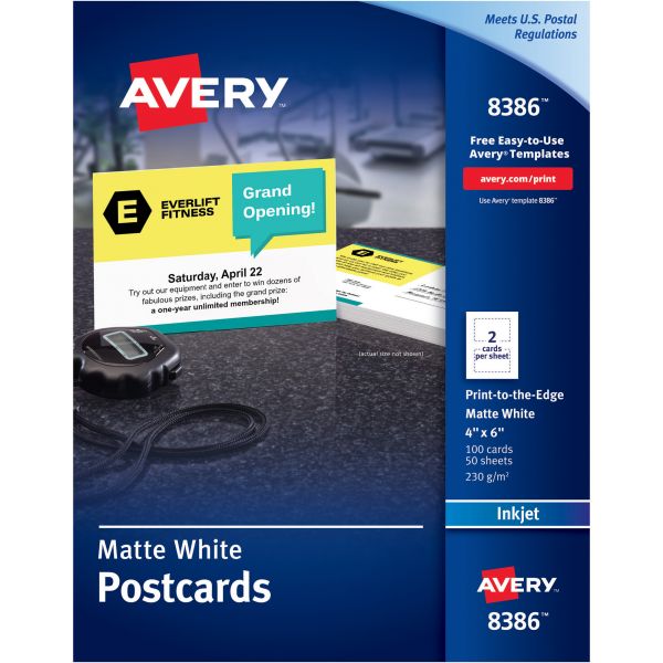 AVE8386 Avery Postcards, Inkjet, 4 x 6, 2 Cards/Sheet, White, 100 Cards/Box